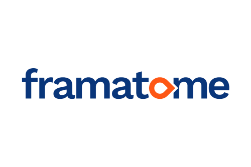Framatome logo in dark blue with an orange geometric symbol incorporated into the lettering.