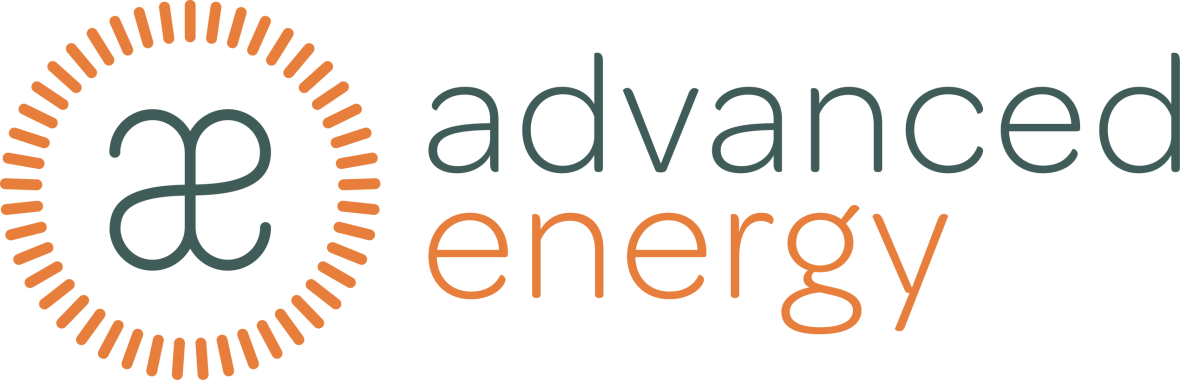 Advanced Energy Logo, green-gray lettering for the word Advanced and orange for the word Energy. On the right side is a logo of an orange circle and the letters ae inside the circle in green-gray